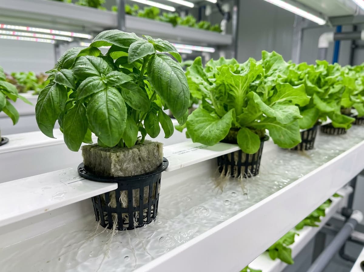 Commercial NFT hydroponic channels with vibrant leafy greens and flowing nutrient water