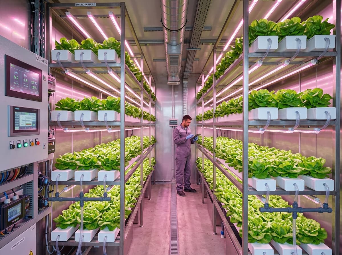 Panoramic photo of Modular Indoor Hydro Farm in Indoor Vertical Racks