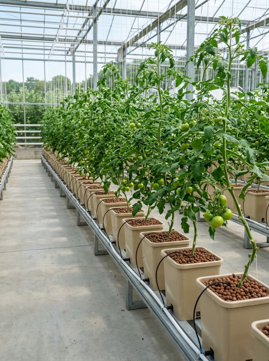 Scenic view of Dutch Bucket Vine Systems in Drip Irrigated