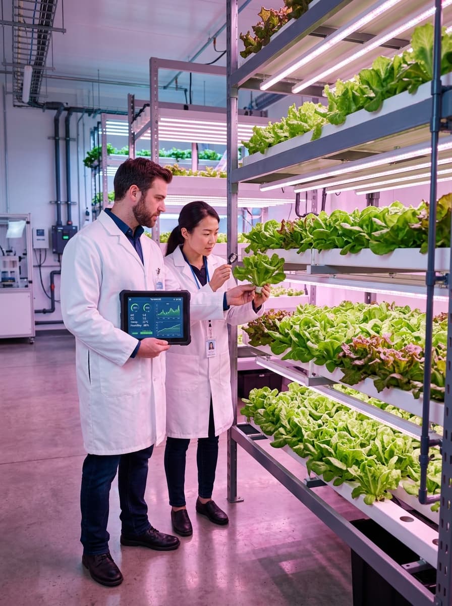 Agronomist and plant scientist inspecting lush hydroponic vertical farm racks